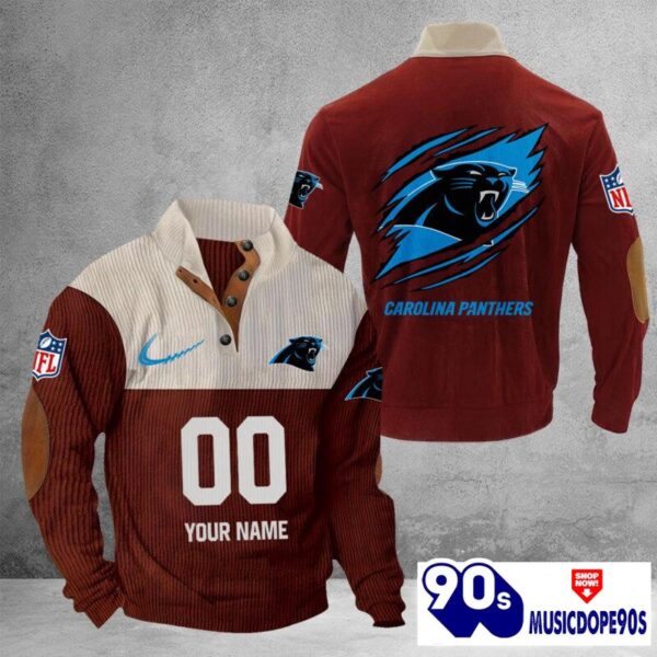 Carolina Panthers Vintage Button Up Shirts Stand Collar Long Sleeve Shirt Elbow Patches