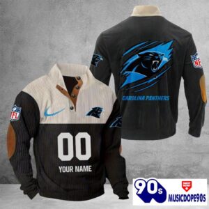 Carolina Panthers Vintage Button Up Shirts Stand Collar Long Sleeve Shirt Elbow Patches