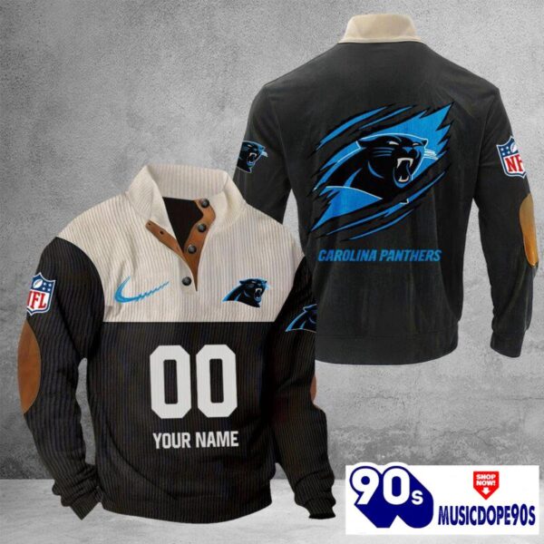 Carolina Panthers Vintage Button Up Shirts Stand Collar Long Sleeve Shirt Elbow Patches