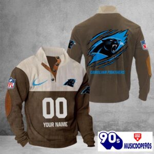 Carolina Panthers Vintage Button Up Shirts Stand Collar Long Sleeve Shirt Elbow Patches