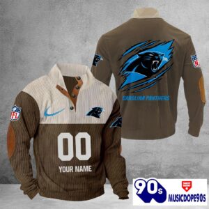 Carolina Panthers Vintage Button Up Shirts Stand Collar Long Sleeve Shirt Elbow Patches
