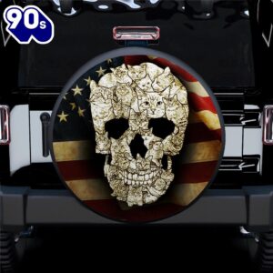 Cat Skulls, American Flag Car Spare Tire Cover Gift For Campers  Gift Halloween
