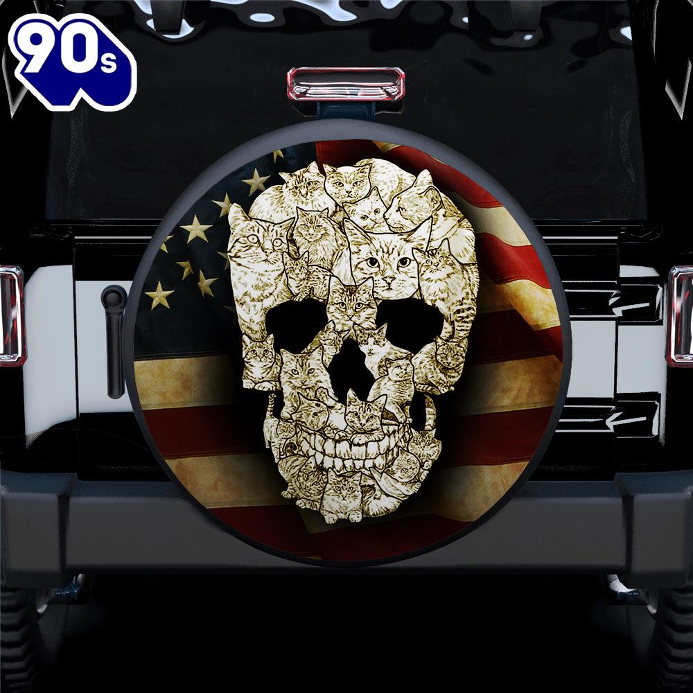 Cat Skulls, American Flag Car Spare Tire Cover Gift For Campers Gift Halloween Cat Skulls, American Flag Car Spare Tire Cover Gift For Campers Gift Halloween