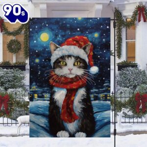 Cat Wearing Scarf On The Moon Christmas Garden Flag  Decorate For Christmas