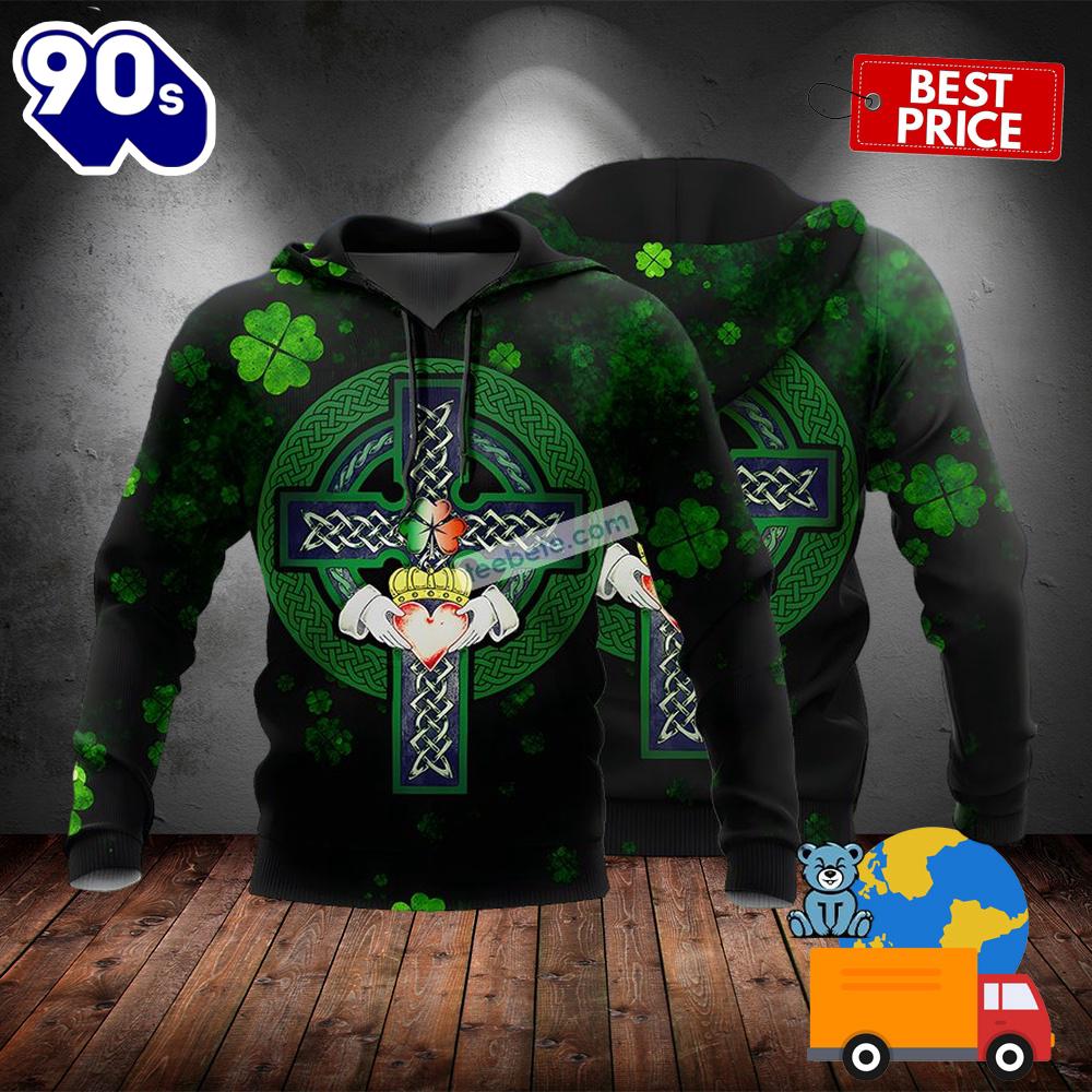 Celtic Cross Shamrock St Patricks Day Black 3D Horror Hoodie 2025 Celtic Cross Shamrock St Patricks Day Black 3D Horror Hoodie 2025