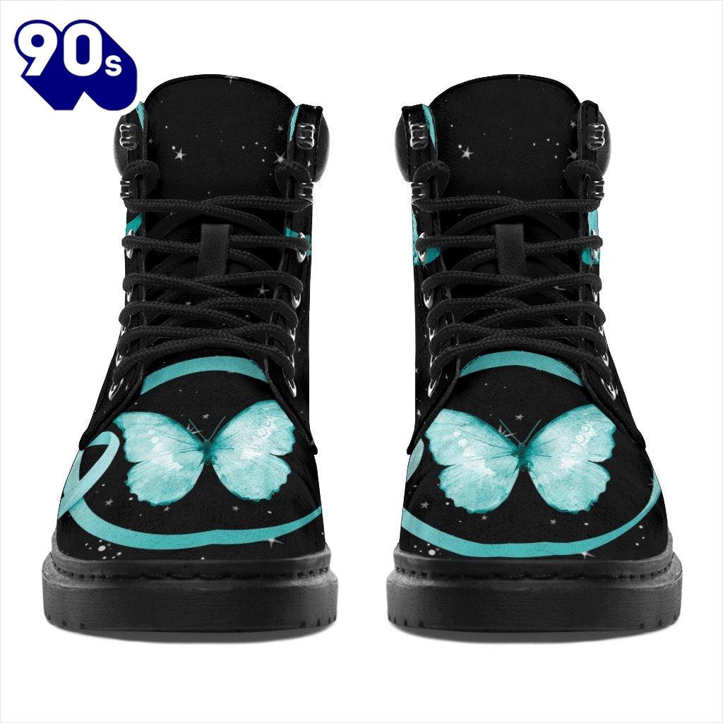 Cervical Cancer Awareness Leather Boots Ribbon Butterfly Shoes Cervical Cancer Awareness Leather Boots Ribbon Butterfly Shoes