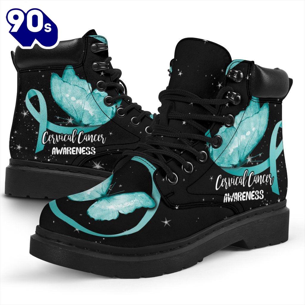 Cervical Cancer Awareness Leather Boots Ribbon Butterfly Shoes Cervical Cancer Awareness Leather Boots Ribbon Butterfly Shoes