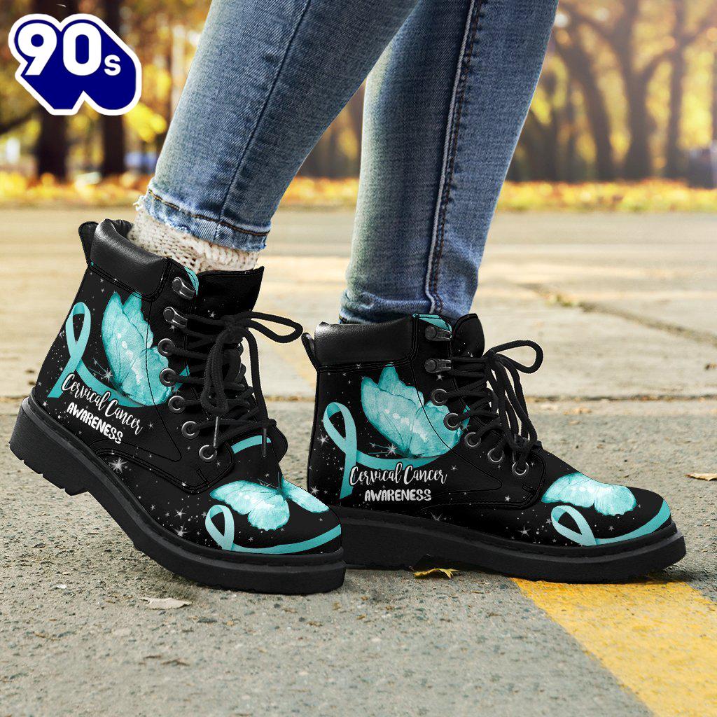 Cervical Cancer Awareness Leather Boots Ribbon Butterfly Shoes Cervical Cancer Awareness Leather Boots Ribbon Butterfly Shoes