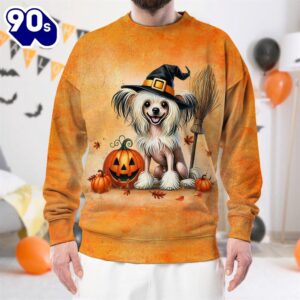 Chinese Crested Dog In Spooky Autumn Halloween 3D Shirt  For Man And Women