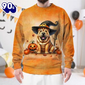 Chinese Shar-Pei Dog In Spooky Autumn Halloween 3D Shirt  For Man And Women