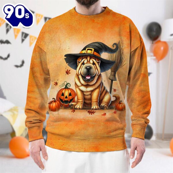 Chinese Shar-Pei Dog In Spooky Autumn Halloween 3D Shirt  For Man And Women