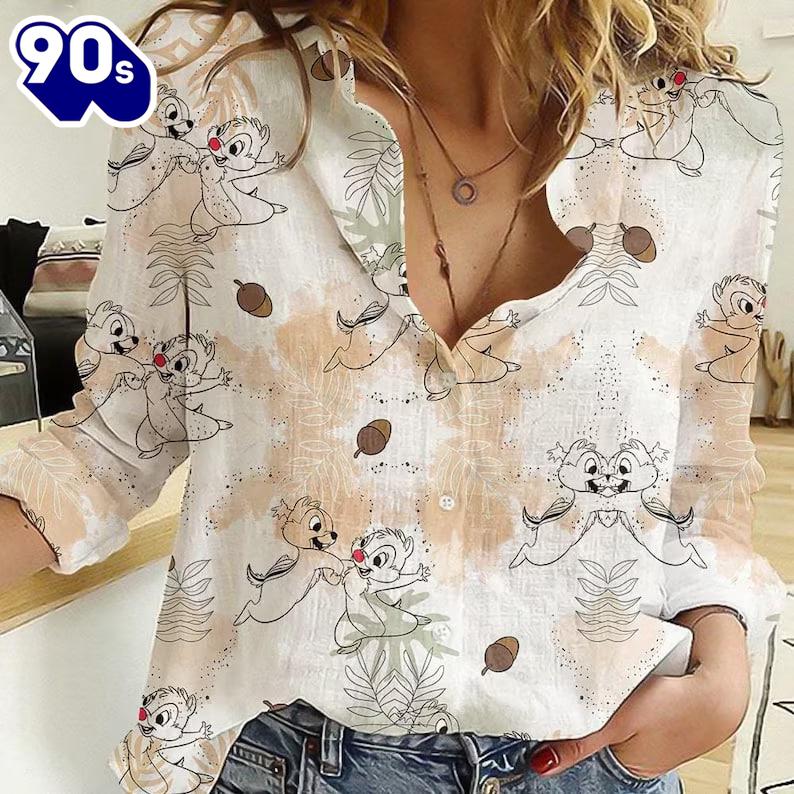 Chip And Dale Linen-Look Shirt, Disney Character Blouse Women Shirt Chip And Dale Linen-Look Shirt, Disney Character Blouse Women Shirt