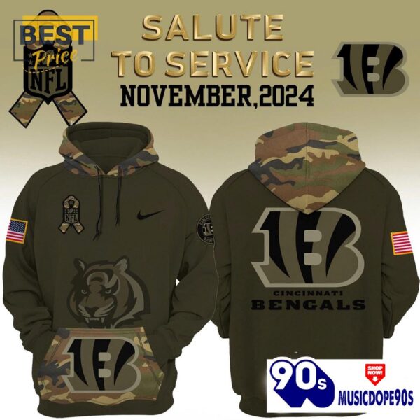 Cincinnati Bengals Camo 2024 Salute to Service Hoodie, Jogger, Cap