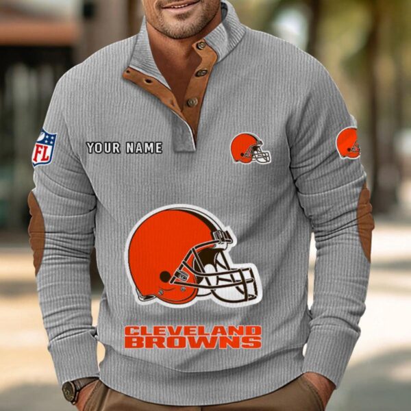 Cleveland Browns Button Up Shirts Stand Collar Long Sleeve Shirt Elbow Patches