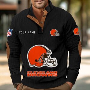 Cleveland Browns Button Up Shirts Stand Collar Long Sleeve Shirt Elbow Patches