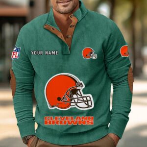 Cleveland Browns Button Up Shirts Stand Collar Long Sleeve Shirt Elbow Patches