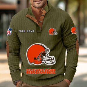 Cleveland Browns Button Up Shirts Stand Collar Long Sleeve Shirt Elbow Patches