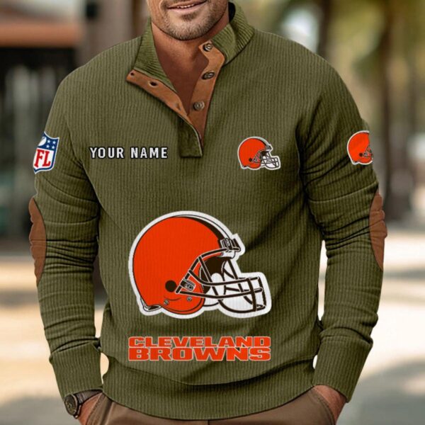 Cleveland Browns Button Up Shirts Stand Collar Long Sleeve Shirt Elbow Patches