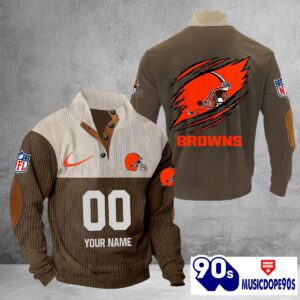 Cleveland Browns Vintage Button Up Shirts Stand Collar Long Sleeve Shirt Elbow Patches
