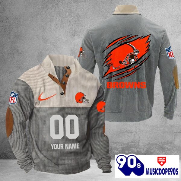 Cleveland Browns Vintage Button Up Shirts Stand Collar Long Sleeve Shirt Elbow Patches