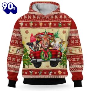 Cow Christmas Funny Farm Truck Red Christmas Hoodie All Over Print  , Pet Christmas 3d Shirt
