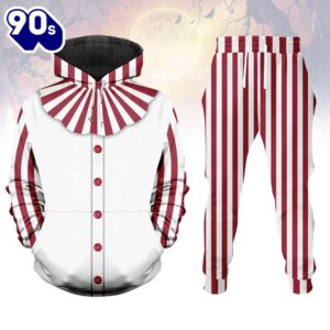 Creepy Clown Hoodie Jogger Set, Halloween Circus Costume Tracksuit, Red White Stripe 3D Sweatshirt Pants Outfit