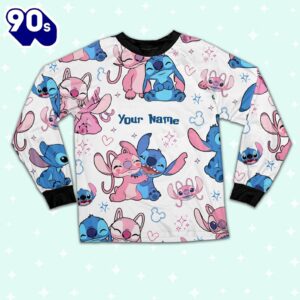 Custom Disney Friends Stitch and Angel Colorful Pajamas Set - Movie Cartoon Holiday Pajamas
