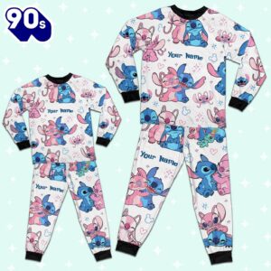 Custom Disney Friends Stitch and Angel Colorful Pajamas Set - Movie Cartoon Holiday Pajamas