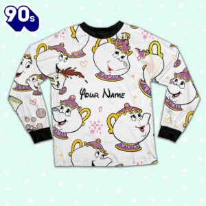 Custom Disney Mother Day Mrs Pott and Chip Colorful Pajamas - Movie Cartoon Holiday Pajamas