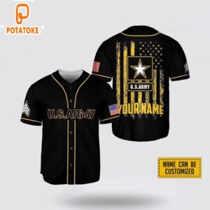 Custom Name Black US Army Rank American Flag Baseball Jersey 4th Of July