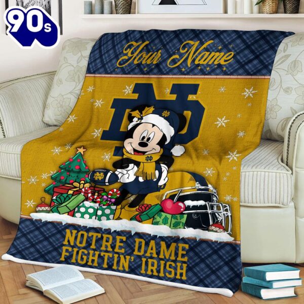 Custom Name NCAA Notre Dame Fighting Irish Mickey Christmas Fleece Blanket