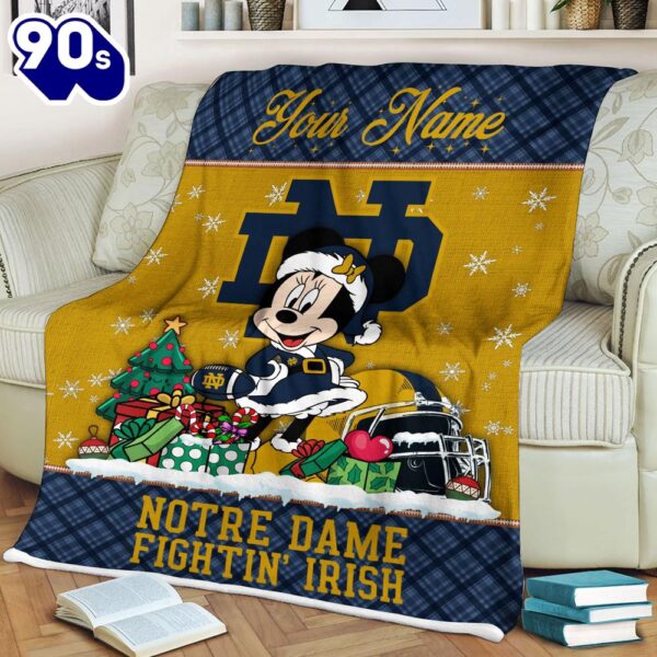 Custom Name NCAA Notre Dame Fighting Irish Minnie Christmas Fleece Blanket