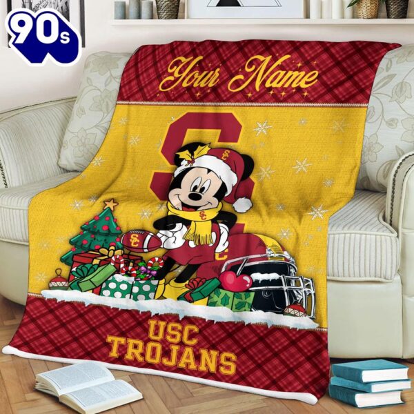 Custom Name NCAA USC Trojans Mickey Christmas Fleece Blanket