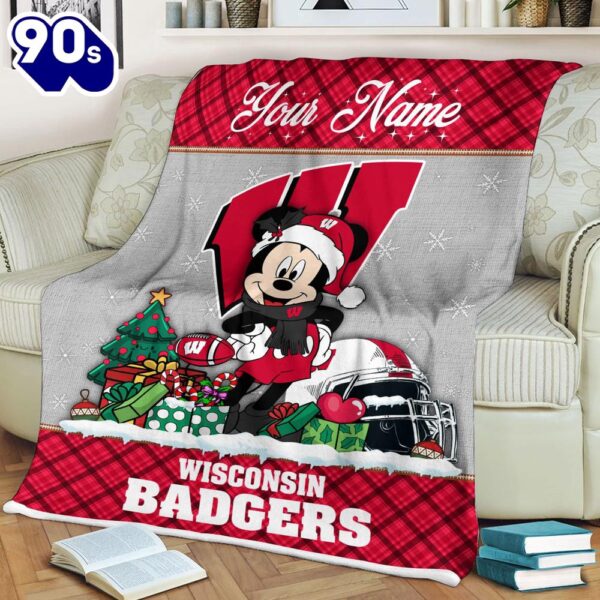 Custom Name NCAA Wisconsin Badgers Mickey Christmas Fleece Blanket