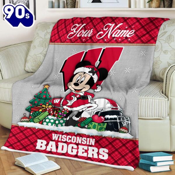 Custom Name NCAA Wisconsin Badgers Minnie Christmas Fleece Blanket