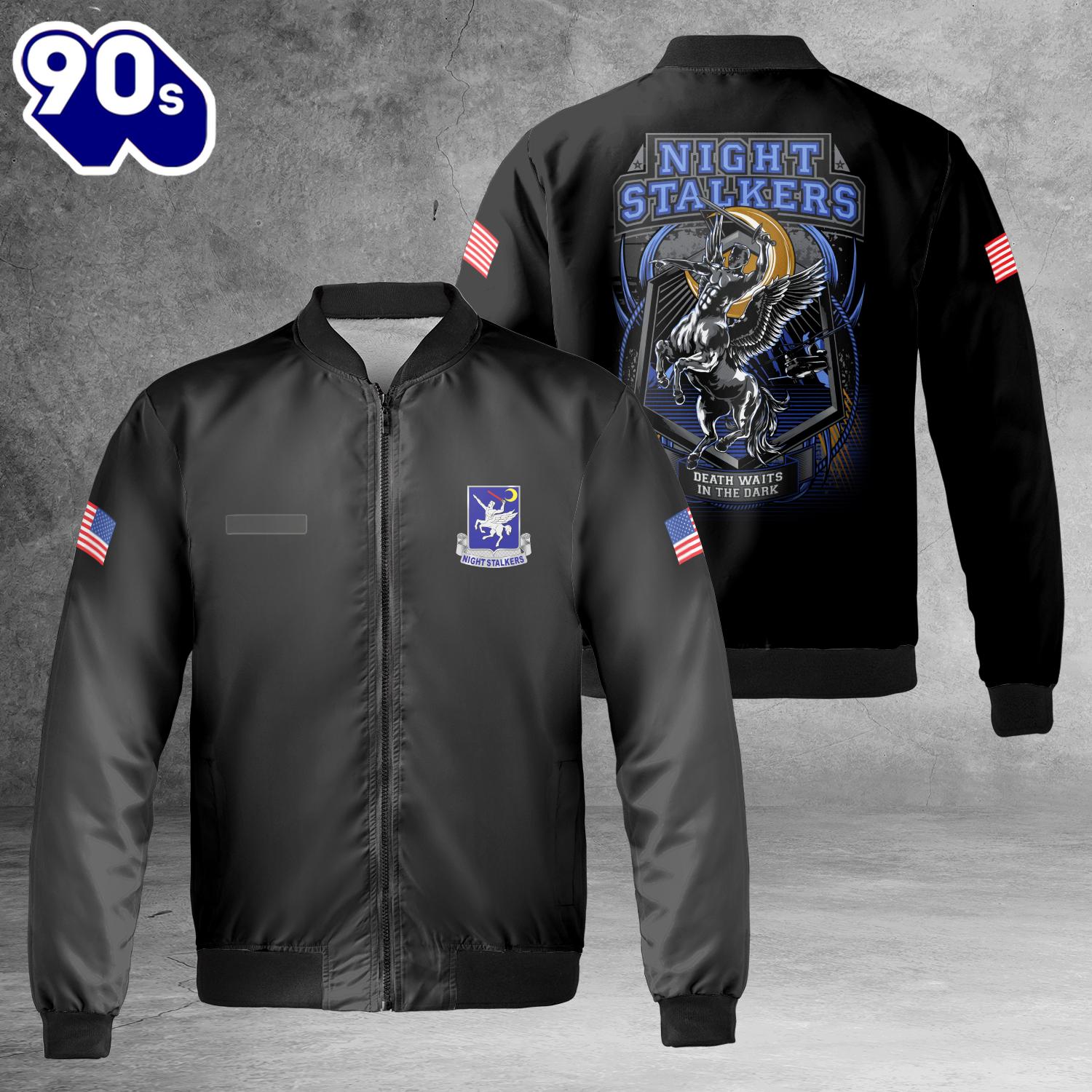 Custom Name US Army 160th Special Operations Aviation Regiment SOAR Night Stalkers Death Waits In The Dark AOP Fleece Bomber Jacket Custom Name US Army 160th Special Operations Aviation Regiment SOAR Night Stalkers Death Waits In The Dark AOP Fleece Bomber Jacket