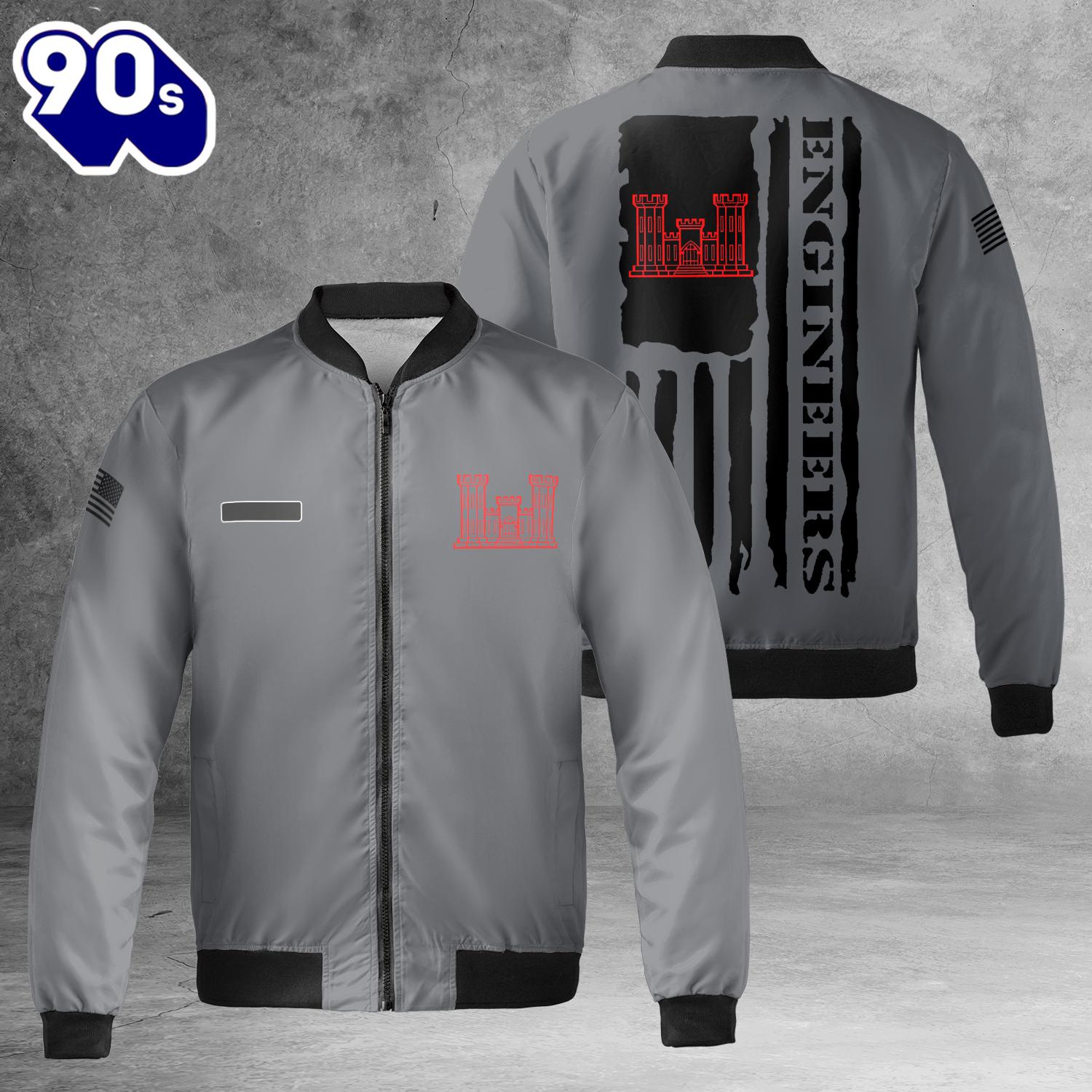 Custom Name US Army Corps of Engineers Flag AOP Fleece Bomber Jacket Custom Name US Army Corps of Engineers Flag AOP Fleece Bomber Jacket