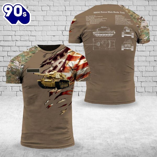 Custom Name US Army M60A1 Patton Main Battle Tank T-Shirt 3D