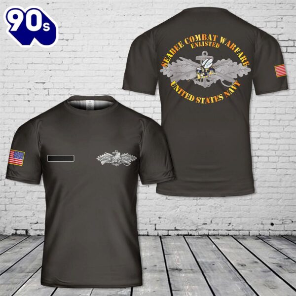 Custom Name US Navy Seabee Combat Warfare Enlisted Badge T-Shirt 3D