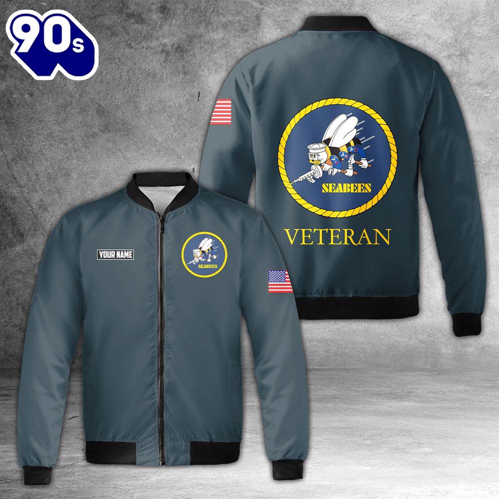 Custom Name US Navy Seabees Veteran AOP Fleece Bomber Jacket Custom Name US Navy Seabees Veteran AOP Fleece Bomber Jacket