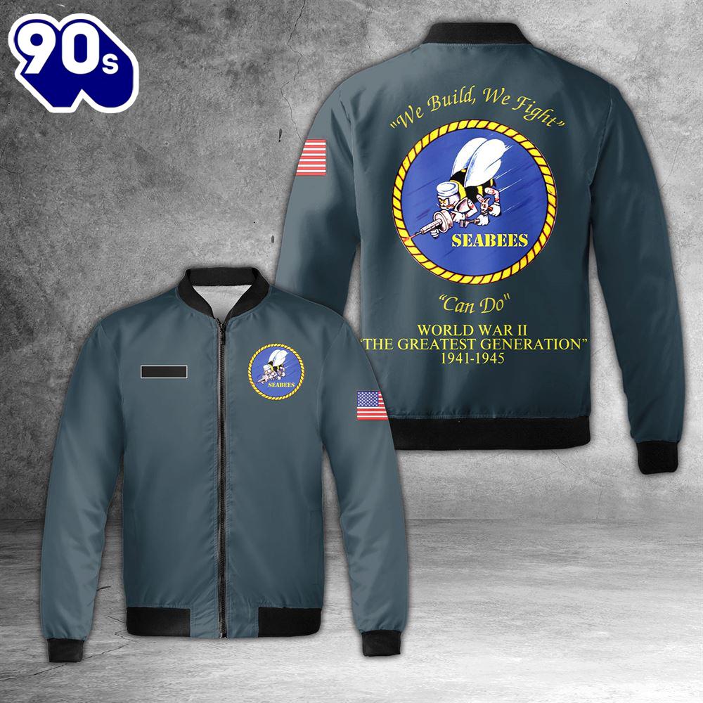 Custom Name US NAVY Seabees World War II 1941-1945 AOP Fleece Bomber Jacket Custom Name US NAVY Seabees World War II 1941-1945 AOP Fleece Bomber Jacket