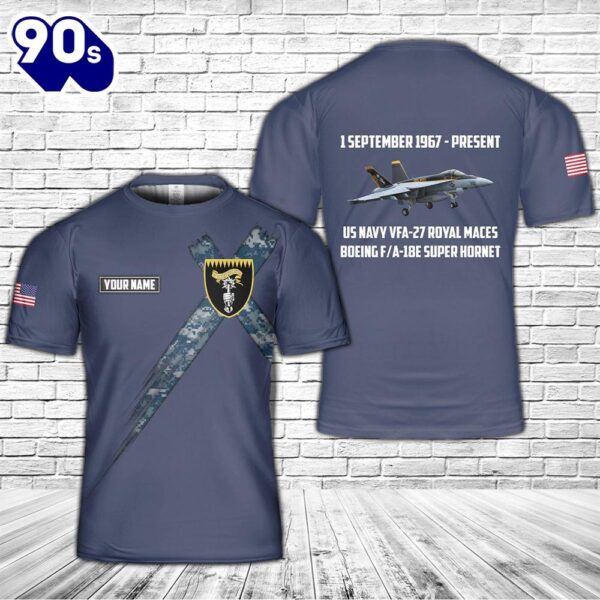 Custom Name US Navy VFA-27 Royal Maces Boeing F A-18E Super Hornet 3D T-Shirt