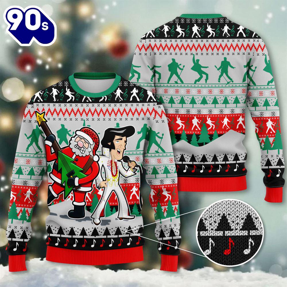Customspig Ugly Christmas Sweater Elvis Presley With Santa 3D Apparel Gift Xmas Customspig Ugly Christmas Sweater Elvis Presley With Santa 3D Apparel Gift Xmas