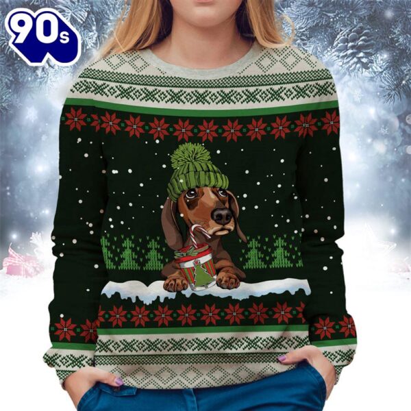 Dachshund With Snow And Christmas Ugly Sweater