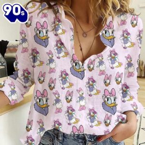 Daisy Duck Linen-Look Shirt, Disney Cartoon Casual Shirt