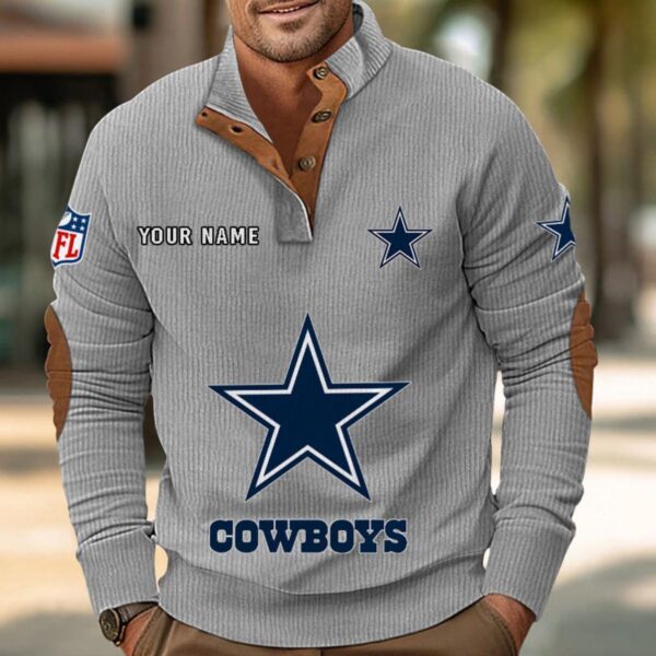 Dallas Cowboys Button Up Shirts Stand Collar Long Sleeve Shirt Elbow Patches