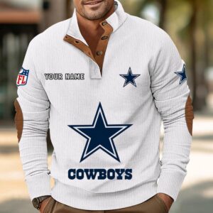 Dallas Cowboys Button Up Shirts Stand Collar Long Sleeve Shirt Elbow Patches