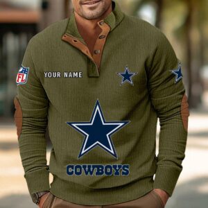 Dallas Cowboys Button Up Shirts Stand Collar Long Sleeve Shirt Elbow Patches