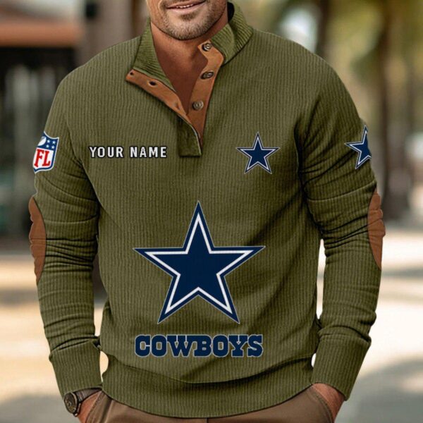 Dallas Cowboys Button Up Shirts Stand Collar Long Sleeve Shirt Elbow Patches