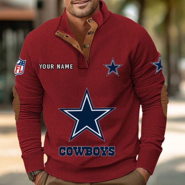 Dallas Cowboys Button Up Shirts Stand Collar Long Sleeve Shirt Elbow Patches